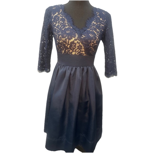 Eliza J Pants - Eliza J Dress Women's Size 2 Navy Blue Lace Faille Fit and Flare Lining Pockets